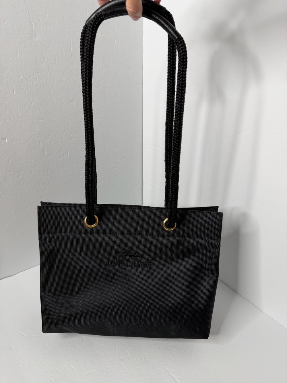 Longchamp Vintage Black Nylon Tote with Rope Handles and Gold Eyelets - rare